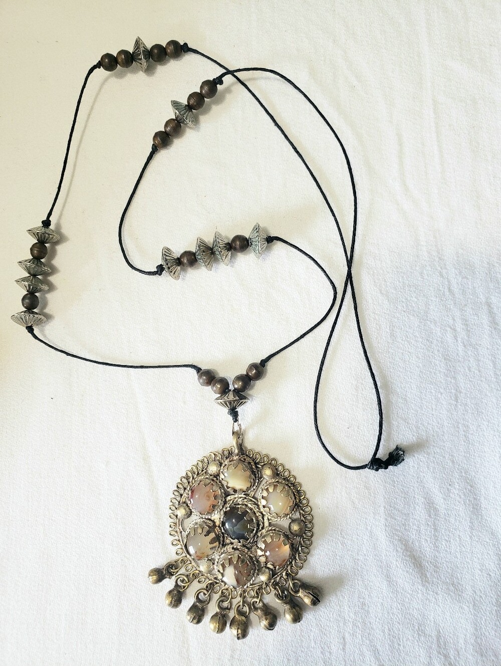 70's Vintage Indian Tribal Statement Pendant Necklace - Agate & Mixed Metals